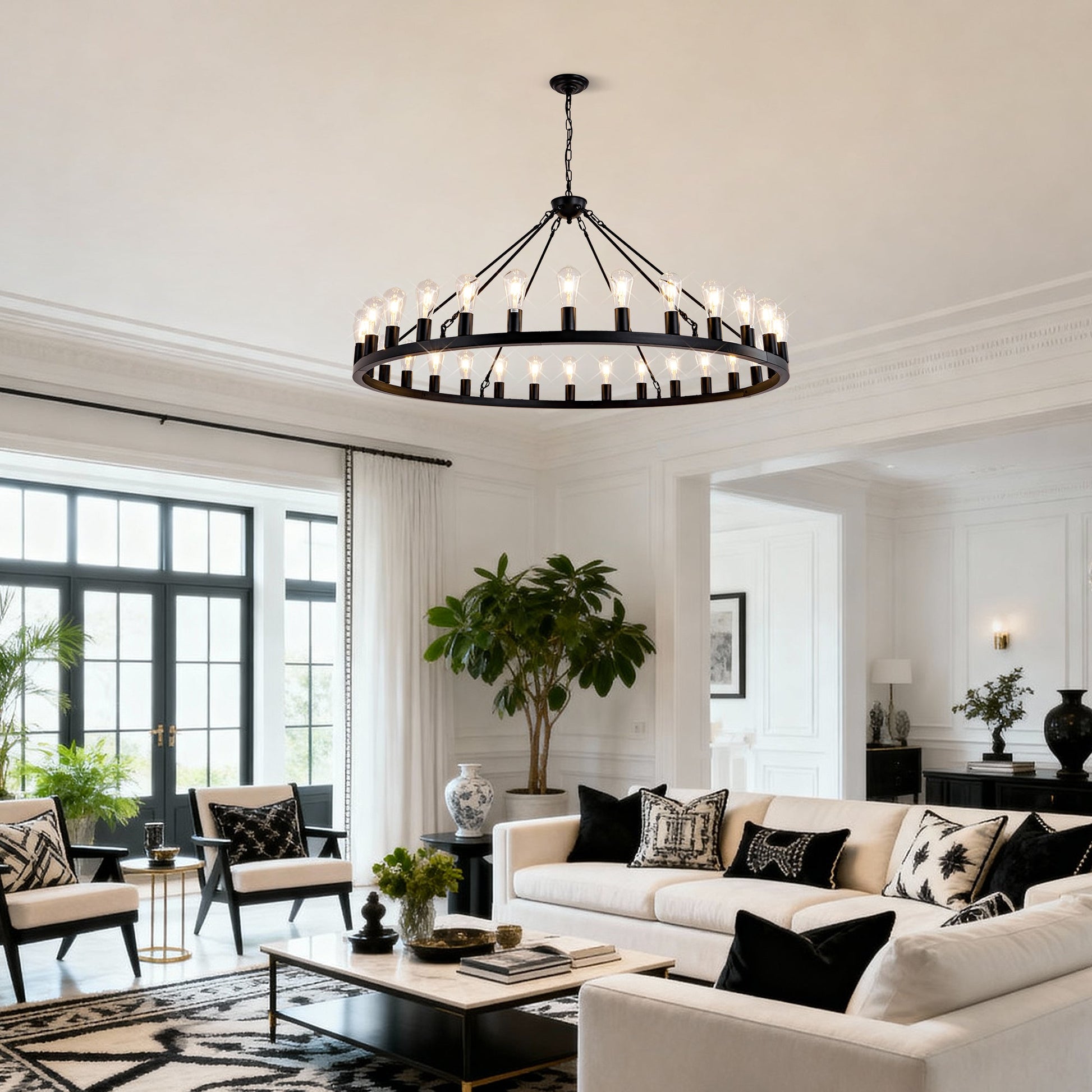 Chandelier 64 Inch Matte Black Wagon Wheel with 30 Lights by HouseOfZazla in a living room on Tampa Home & Garden Store
