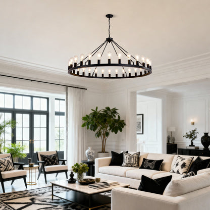 Chandelier 64 Inch Matte Black Wagon Wheel with 30 Lights by HouseOfZazla in a living room on Tampa Home & Garden Store