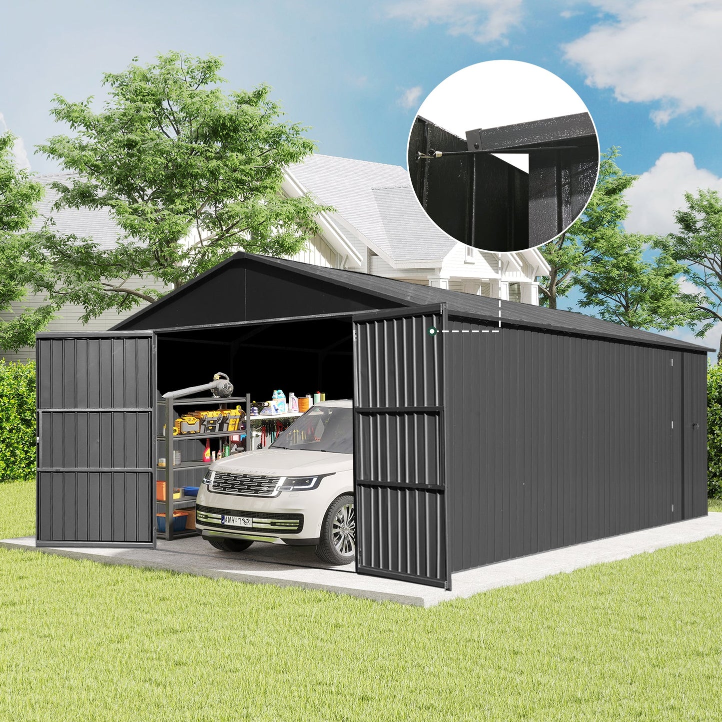 12x15FT outdoor metal garage shed HouseOfZazla, black vertical-panel design with car inside on Tampa Home & Garden Store