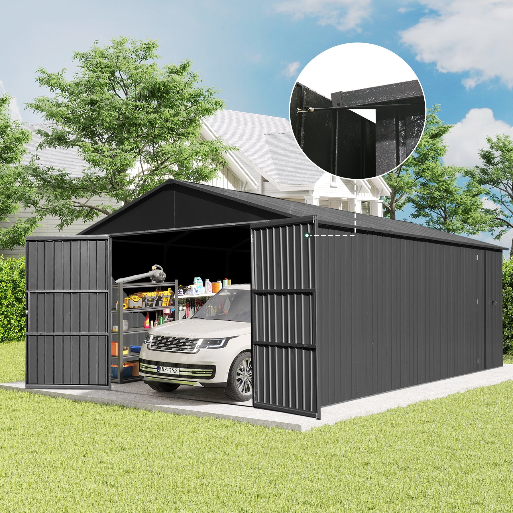 12x15FT outdoor metal garage shed HouseOfZazla, black vertical-panel design with car inside on Tampa Home & Garden Store