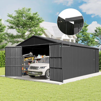 12x15FT outdoor metal garage shed HouseOfZazla, black vertical-panel design with car inside on Tampa Home & Garden Store