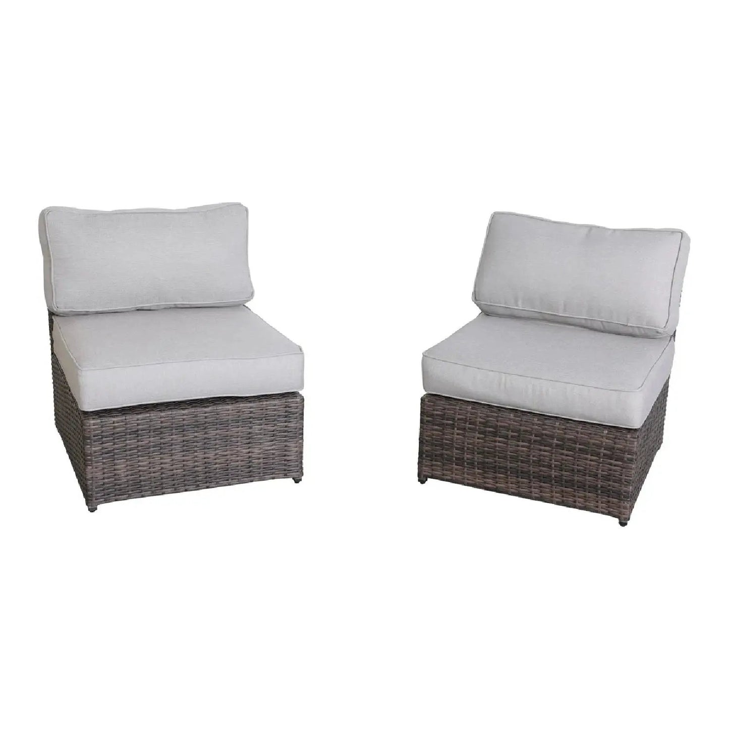 Armless patio chair set with cushions, two gray cushions on dark wicker bases on Tampa Home & Garden Store