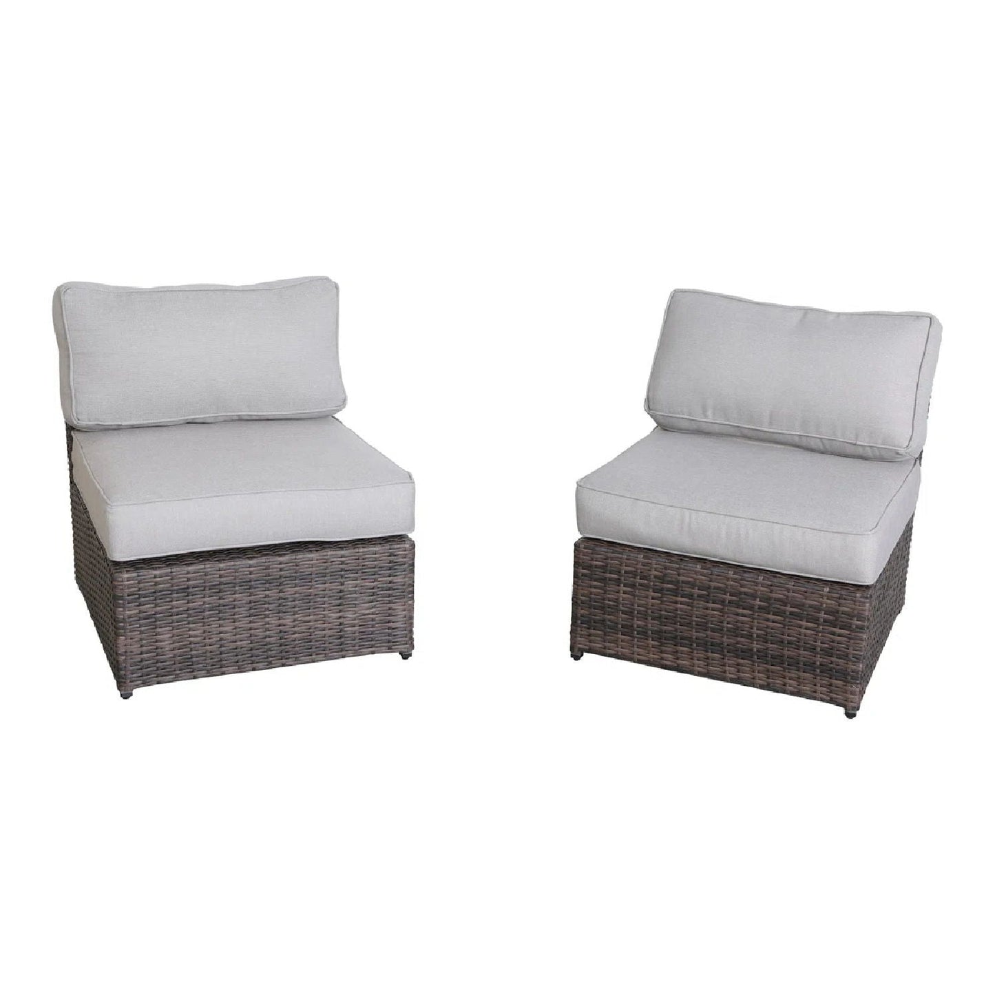 Armless patio chair set with cushions, 2-piece, brown wicker, light gray cushions, HouseOfZazla on Tampa Home & Garden Store