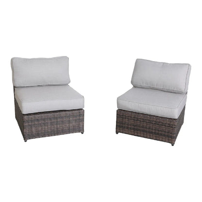 Armless patio chair set with cushions, 2-piece, brown wicker, light gray cushions, HouseOfZazla on Tampa Home & Garden Store