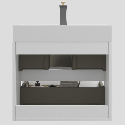 Floating white bathroom vanity with large storage, open lower drawer, HouseOfZazla on Tampa Home & Garden Store
