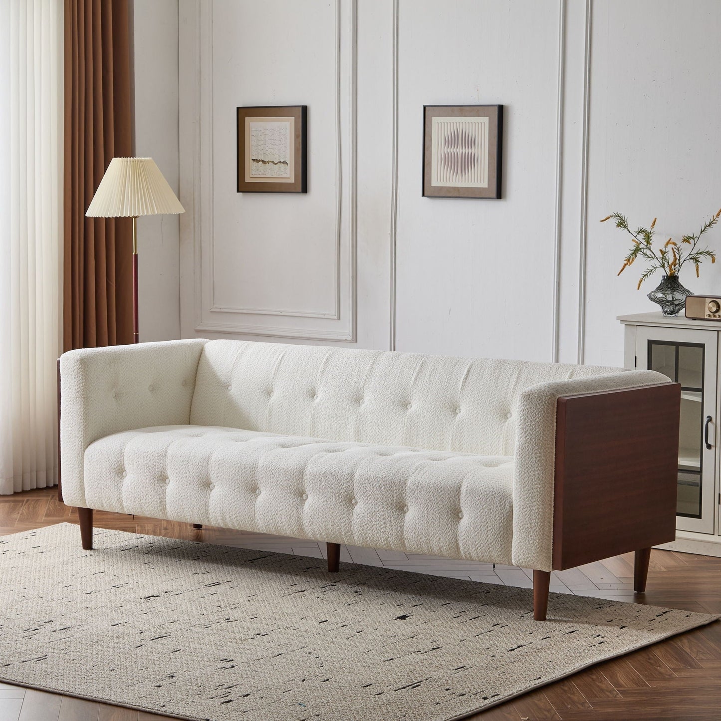 Contemporary 3 Seater sofa in ivory tufted fabric with wood arm accents on Tampa Home & Garden Store