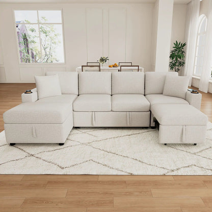Sectional sofa convertible pull-out bed with storage ottoman and USB ports in light gray fabric on Tampa Home & Garden Store