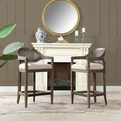 HouseOfZazla cane-back counter stool light brown wood frame beige cushion pair on Tampa Home & Garden Store