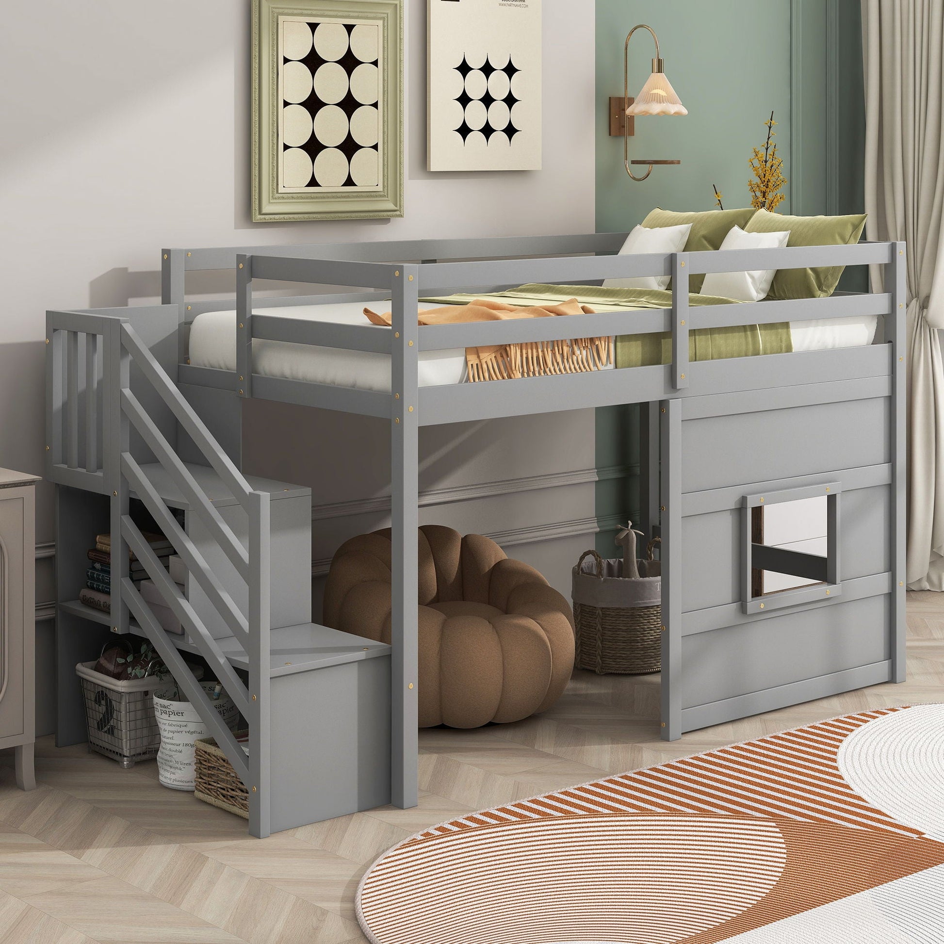 Loft bed with storage staircase in grey by HouseOfZazla LED lighting and under-bed drawers on Tampa Home & Garden Store