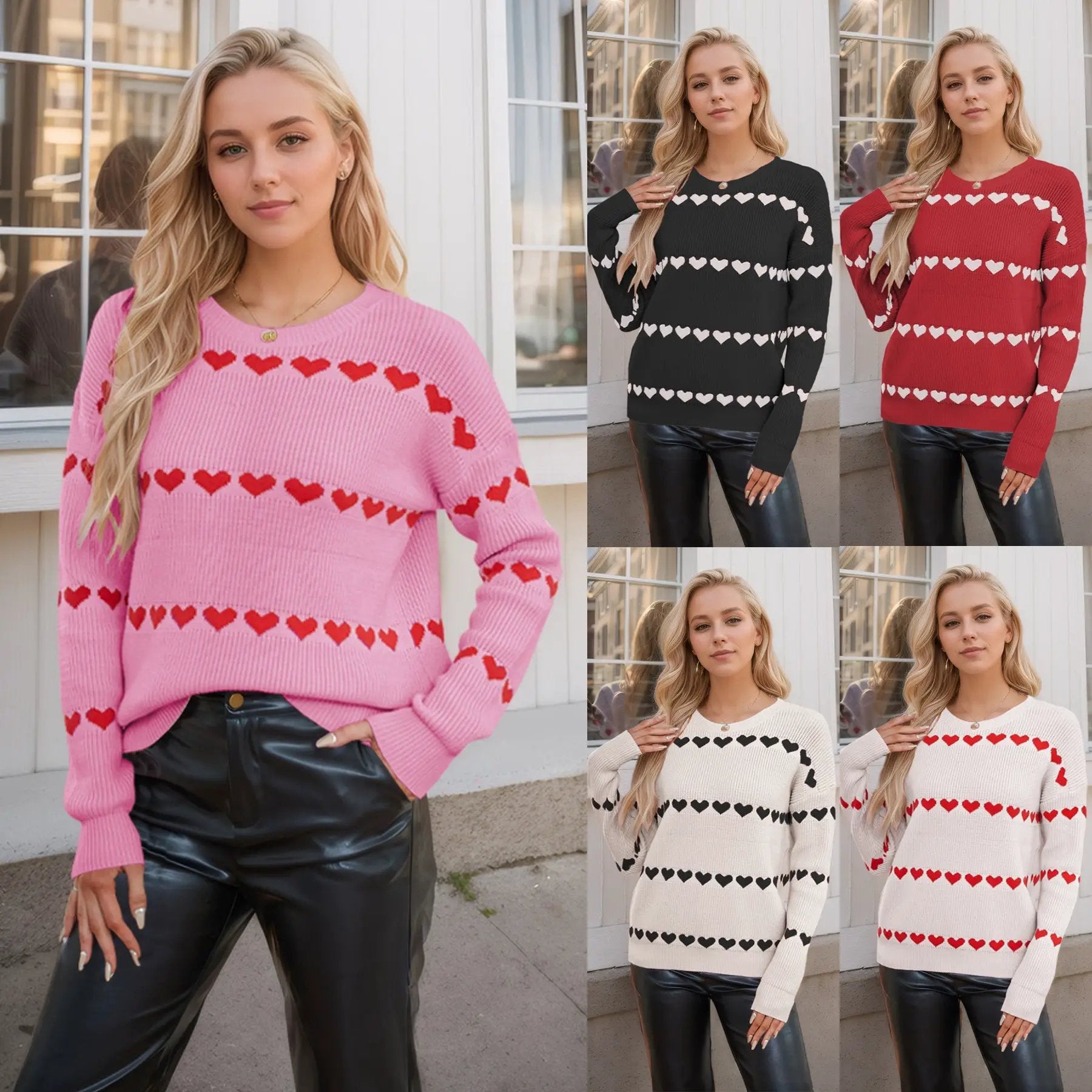Valentine's Day Love Pullover knit sweater in pink with red hearts and black/cream/red variants on Tampa Home & Garden Store