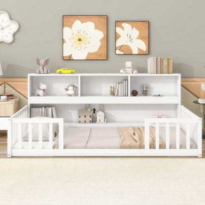 Floor Bed with Bedside Bookcase and Guardrails