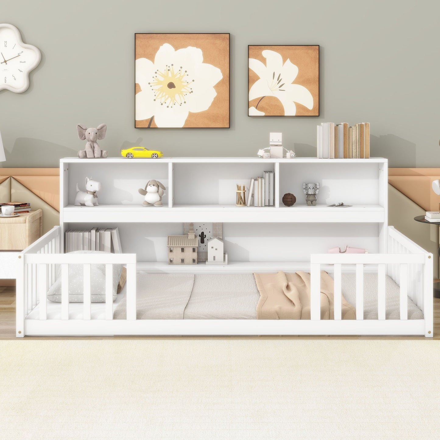 Floor Bed with a Bookcase and Side Guardrails