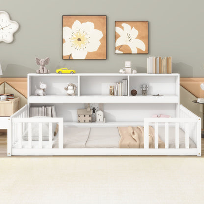 Floor Bed with a Bookcase and Side Guardrails