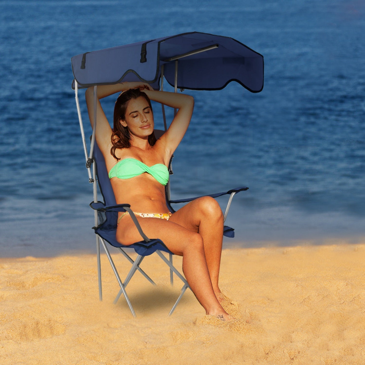 GemGear foldable beach canopy chair with blue canopy on sandy beach on Tampa Home & Garden Store