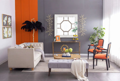 Antique style square wall mirror with a silver mirrored frame above a brass console table on gray wall on Tampa Home & Garden Store