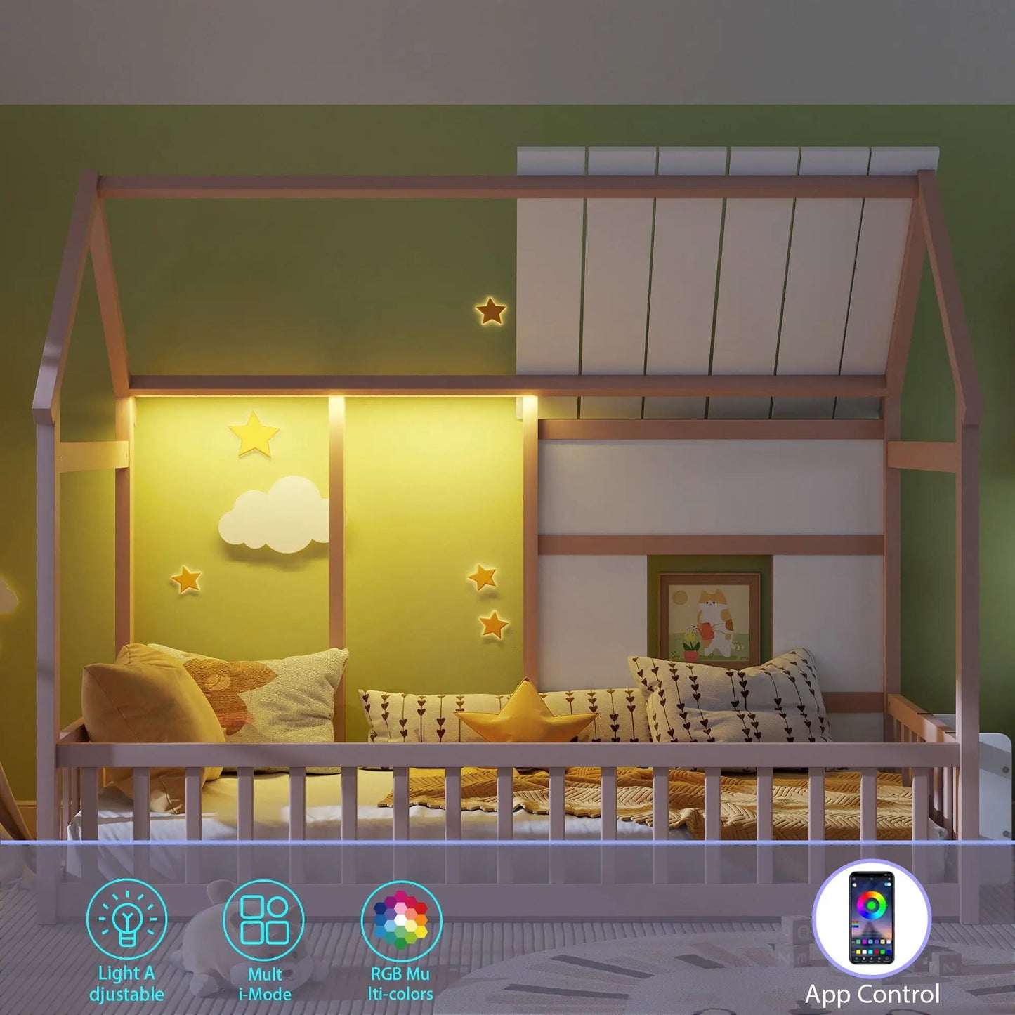 House Floor Bed With 7 Color LED Light Bookshelf