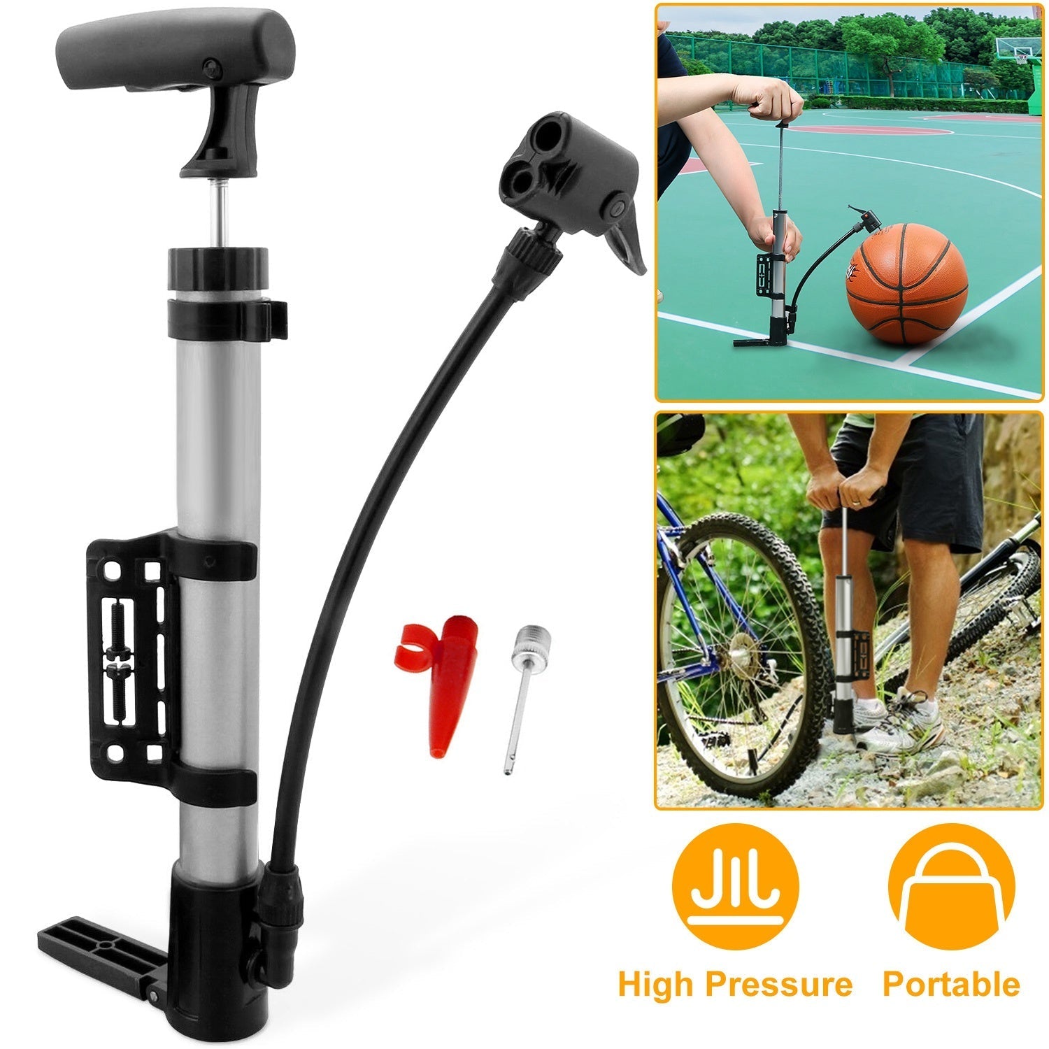 GemGear mini bike pump with frame mount, silver body and black handle, includes two adapters on Tampa Home & Garden Store