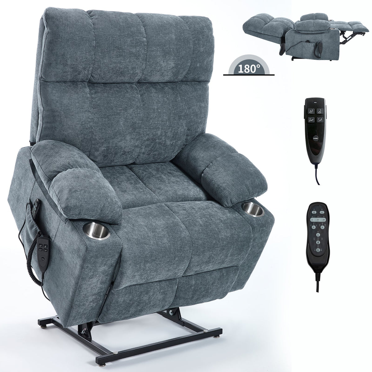 Grey chenille power lift recliner chair with built-in cup holders and remote on Tampa Home & Garden Store