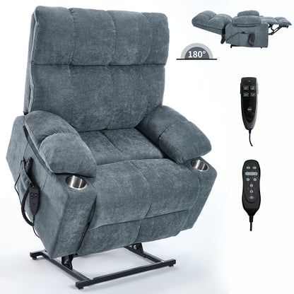 Grey chenille power lift recliner chair with built-in cup holders and remote on Tampa Home & Garden Store