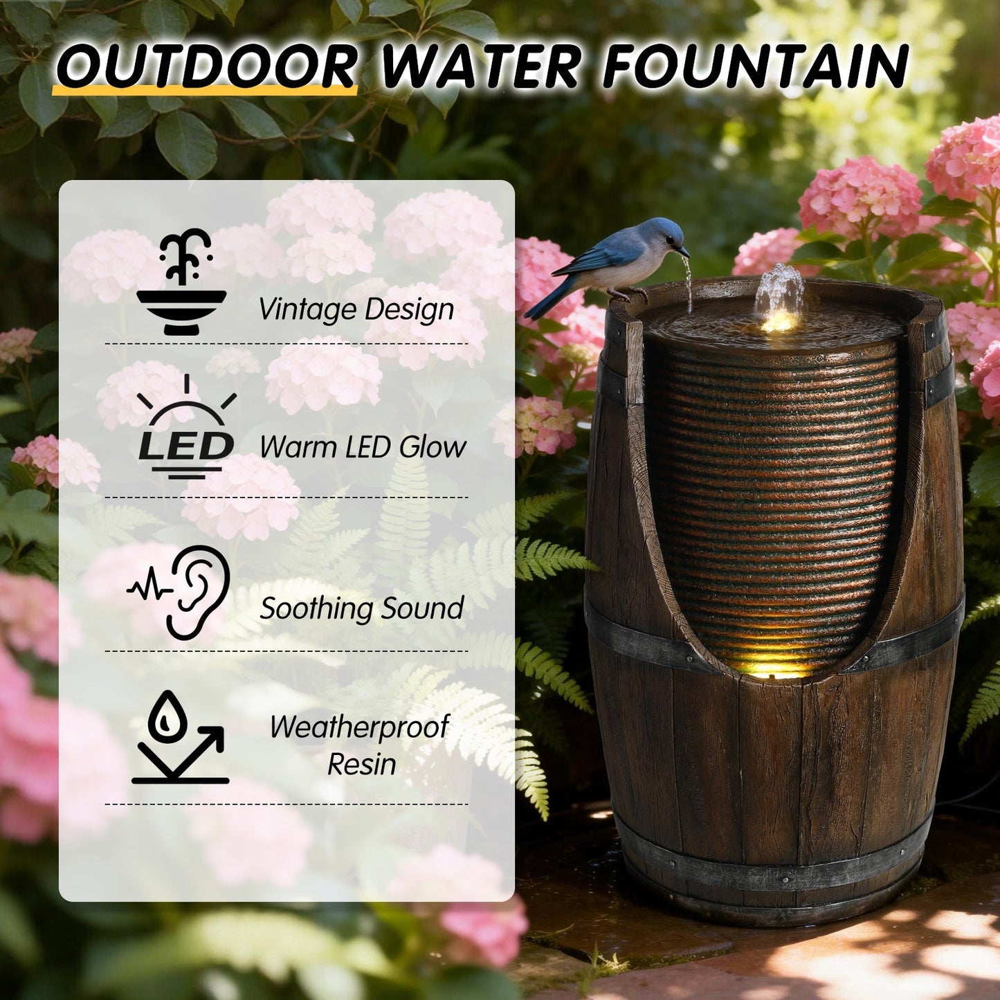 Outdoor barrel water fountain in rustic wood-look resin with water flowing atop a wooden barrel on Tampa Home & Garden Store