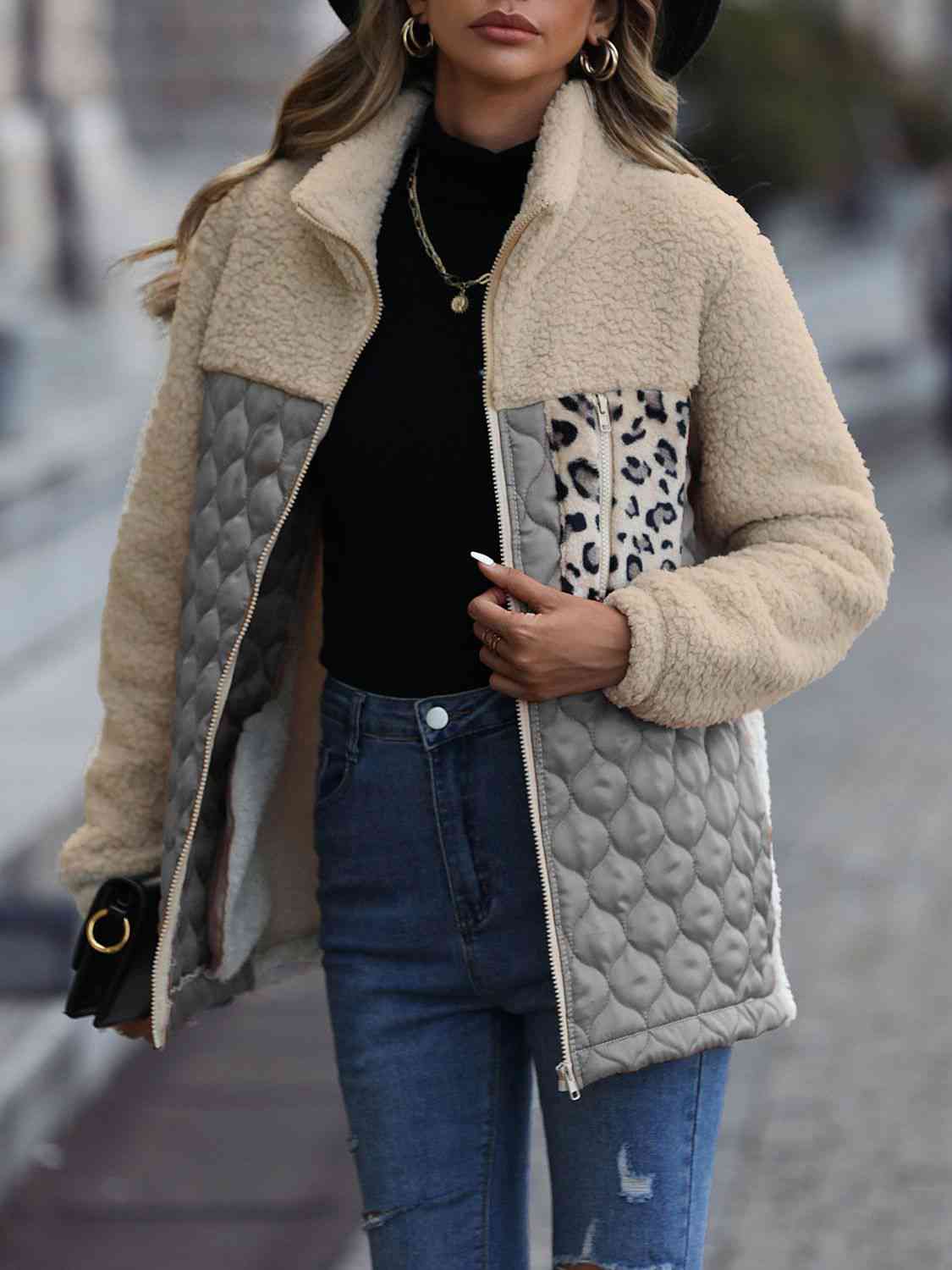 Stevvex zip-up sherpa jacket beige with leopard-print side panel and grey quilted pockets on Tampa Home & Garden Store