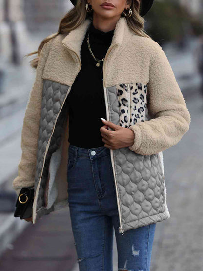 Stevvex zip-up sherpa jacket beige with leopard-print side panel and grey quilted pockets on Tampa Home & Garden Store