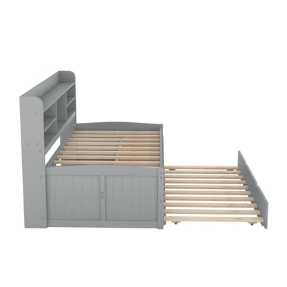 Captain Bed with built-in bookshelves, trundle, 3 drawers, gray finish with wood slats on Tampa Home & Garden Store