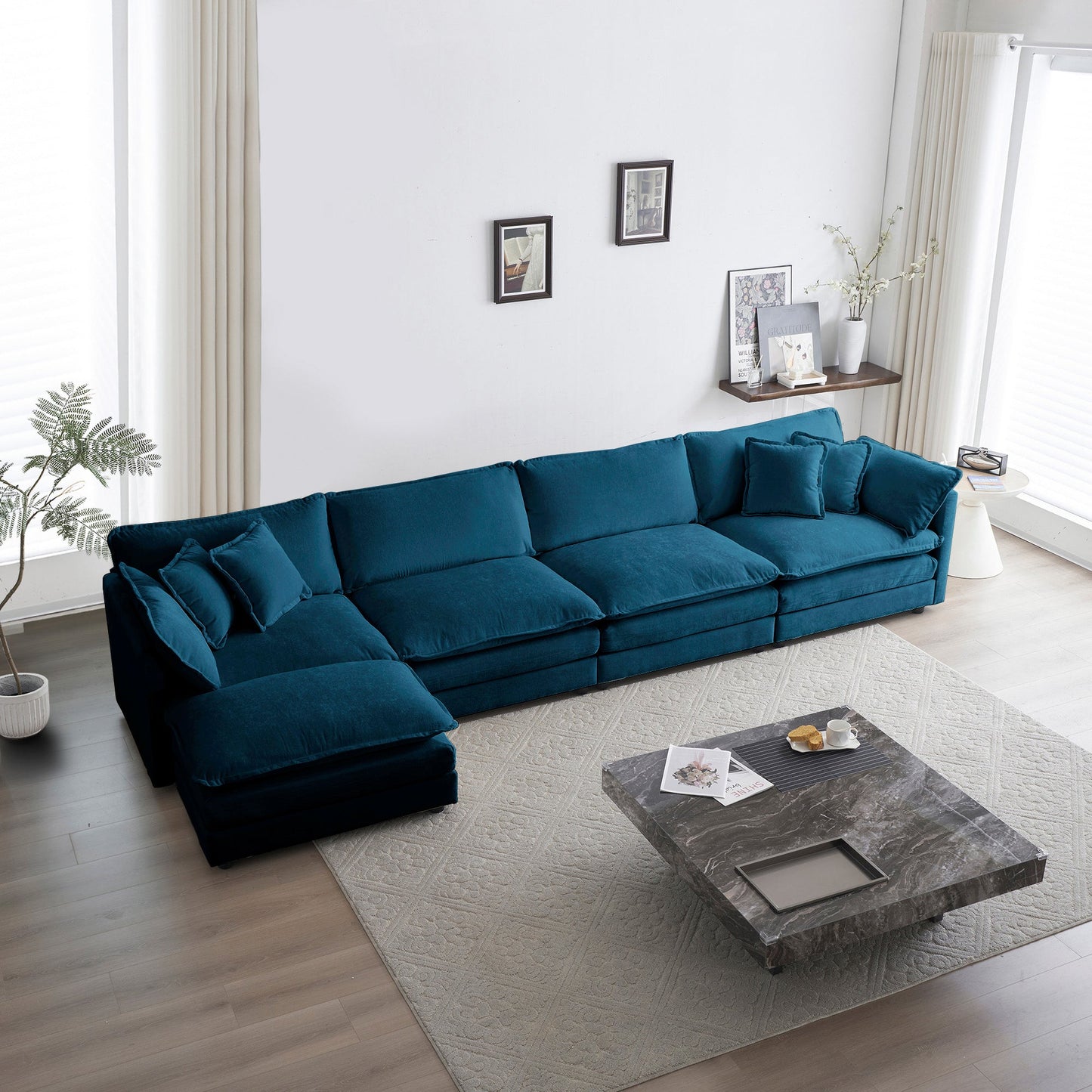 Modular U-shaped 5-seater living room sectional with ottoman in teal fabric by HouseOfZazla on Tampa Home & Garden Store