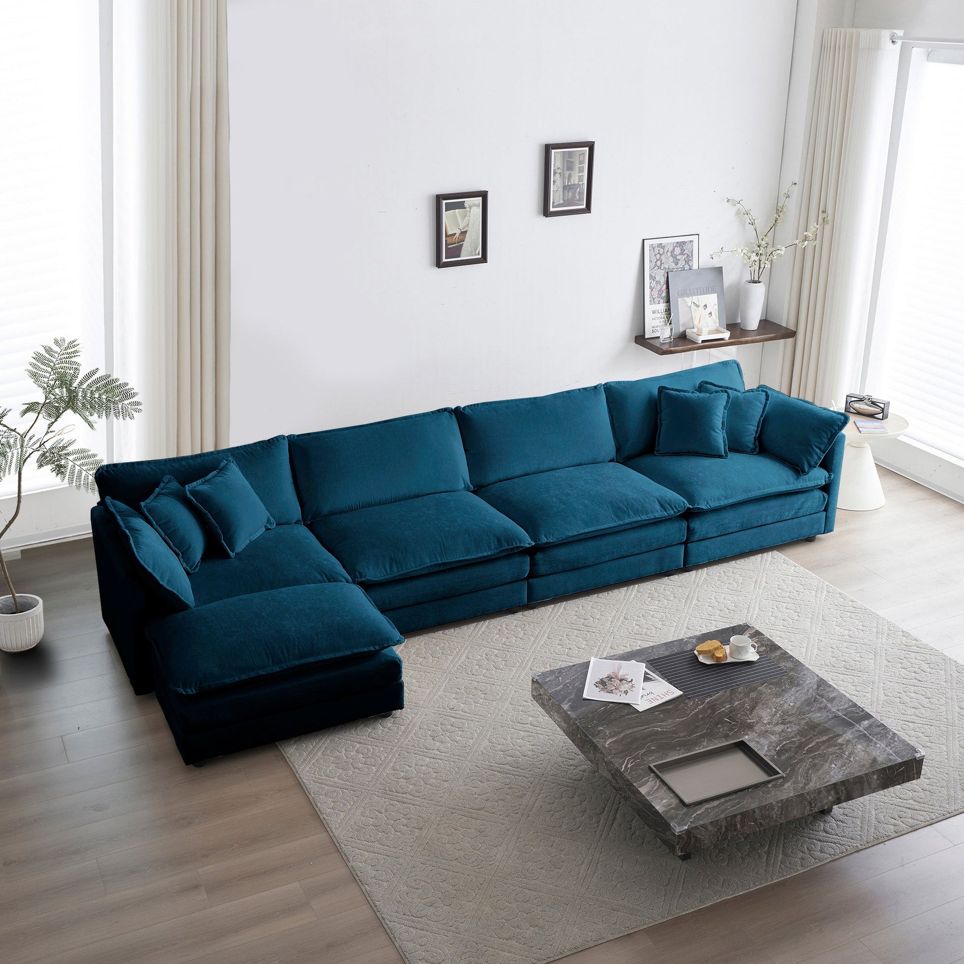 Modular U-shaped 5-seater living room sectional with ottoman in teal fabric by HouseOfZazla on Tampa Home & Garden Store