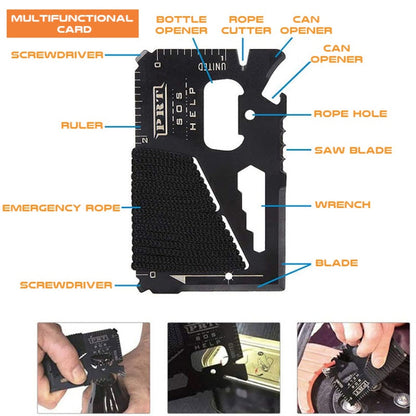 Sell My Stuff survival tool card with bottle opener, rope cutter, blade on black card on Tampa Home & Garden Store