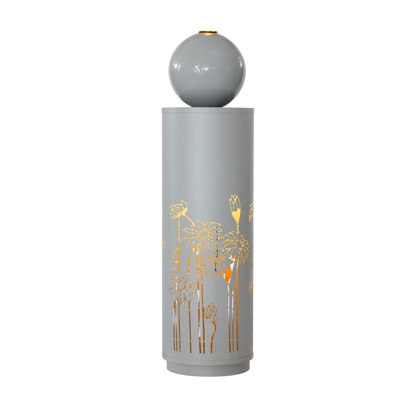 Light gray cutout fountain with LED lights and floral silhouettes on a cylindrical pedestal on Tampa Home & Garden Store
