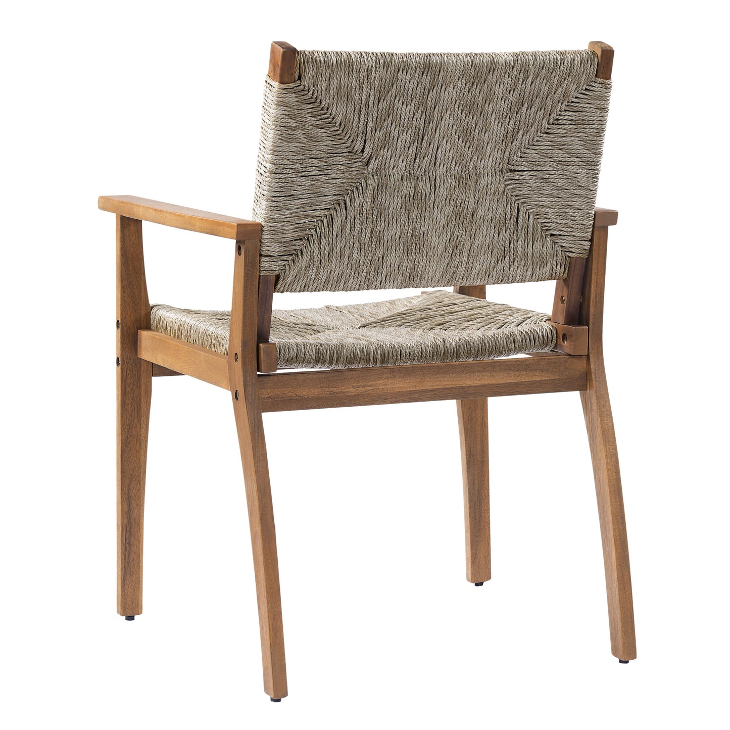 Outdoor dining chair with acacia wood frame and woven wicker seat on Tampa Home & Garden Store