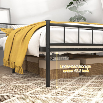 Queen size bed frame with headboard and footboard in black metal with a yellow throw blanket on Tampa Home & Garden Store