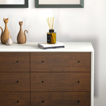 6-Drawer Dresser in dark brown wood with white top and round pulls; decorative vases and diffuser on Tampa Home & Garden Store