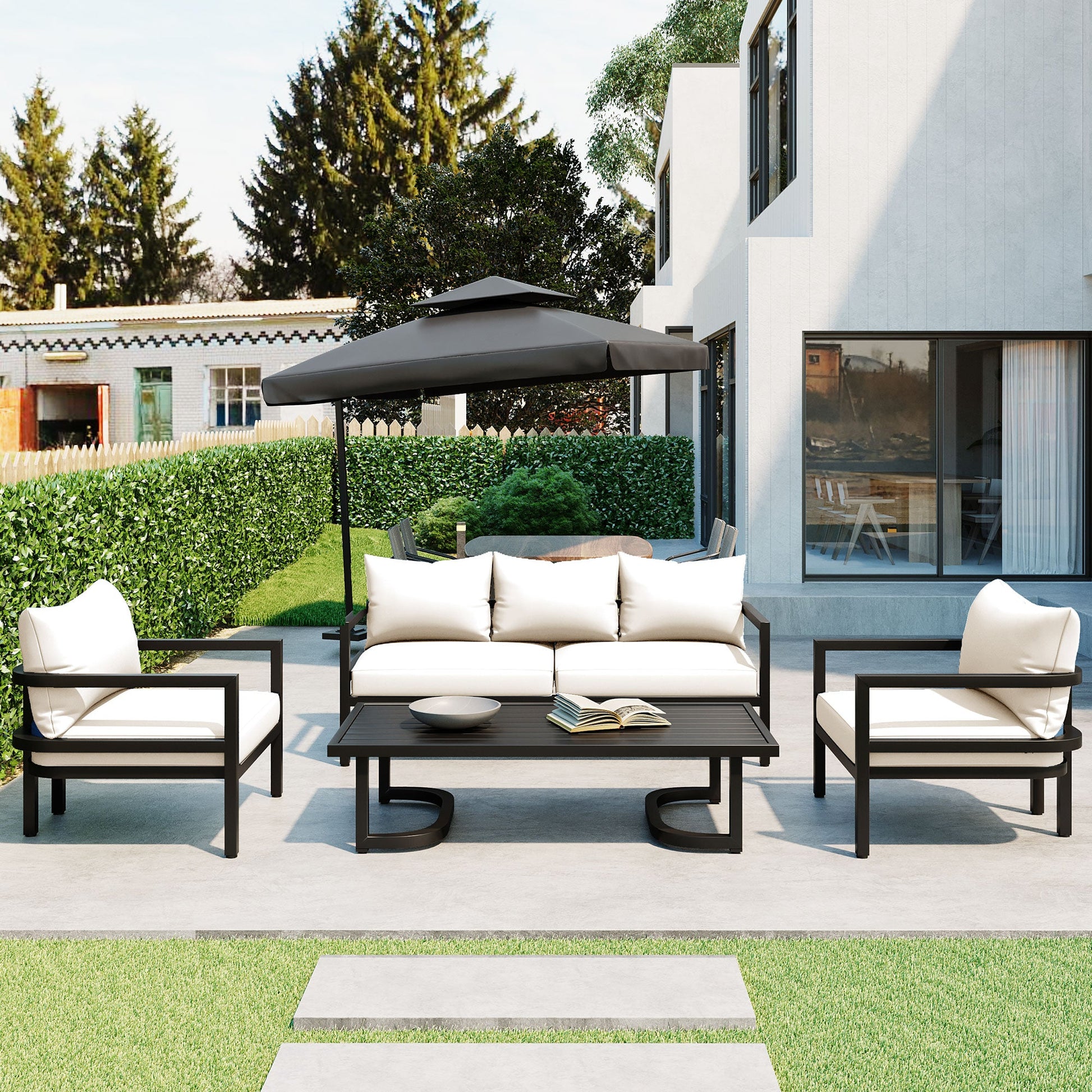 U_Style outdoor steel sofa set with cream cushions and slatted coffee table on a modern patio on Tampa Home & Garden Store
