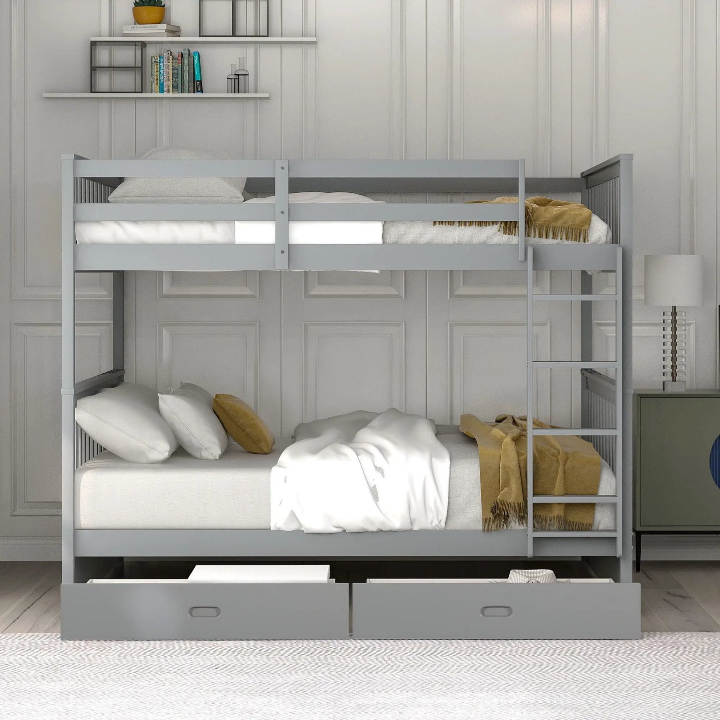 Bunk bed with ladders and 2 storage drawers in gray wood by Unique Piece Furniture on Tampa Home & Garden Store