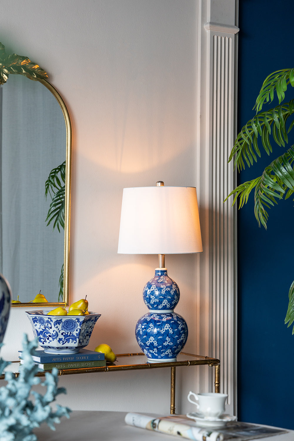 HouseOfZazla blue and white two-tier ceramic vase table lamp with white shade on Tampa Home & Garden Store