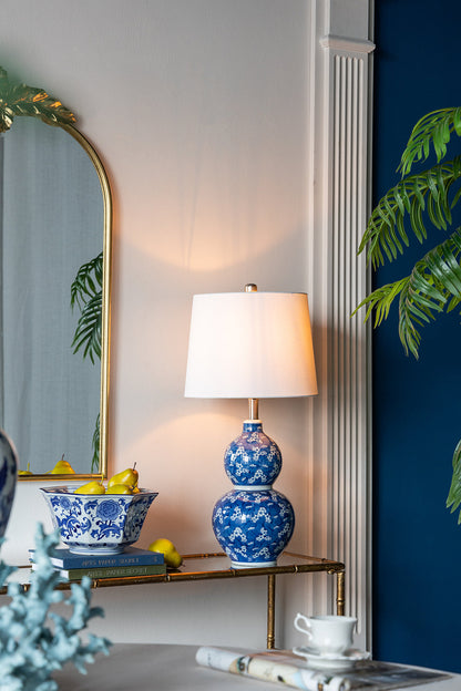 HouseOfZazla blue and white two-tier ceramic vase table lamp with white shade on Tampa Home & Garden Store