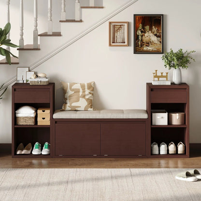 Entryway storage bench with cushion, dark wood finish, drawers and open shelves on Tampa Home & Garden Store