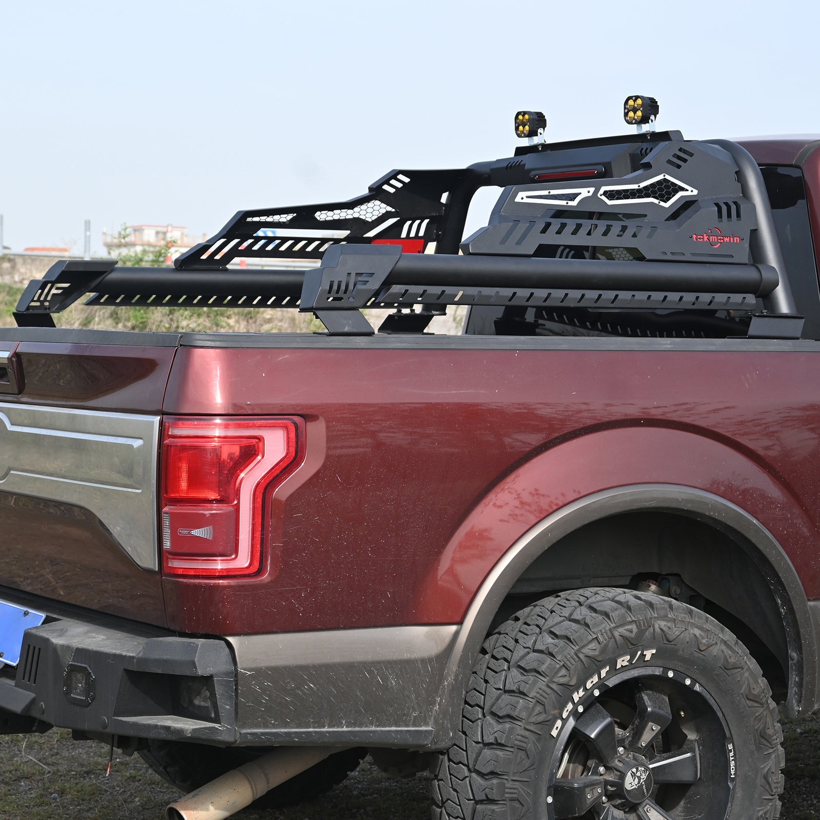 Universal black steel truck bed roll bar with chase rack and front dual LED lights on pickup on Tampa Home & Garden Store
