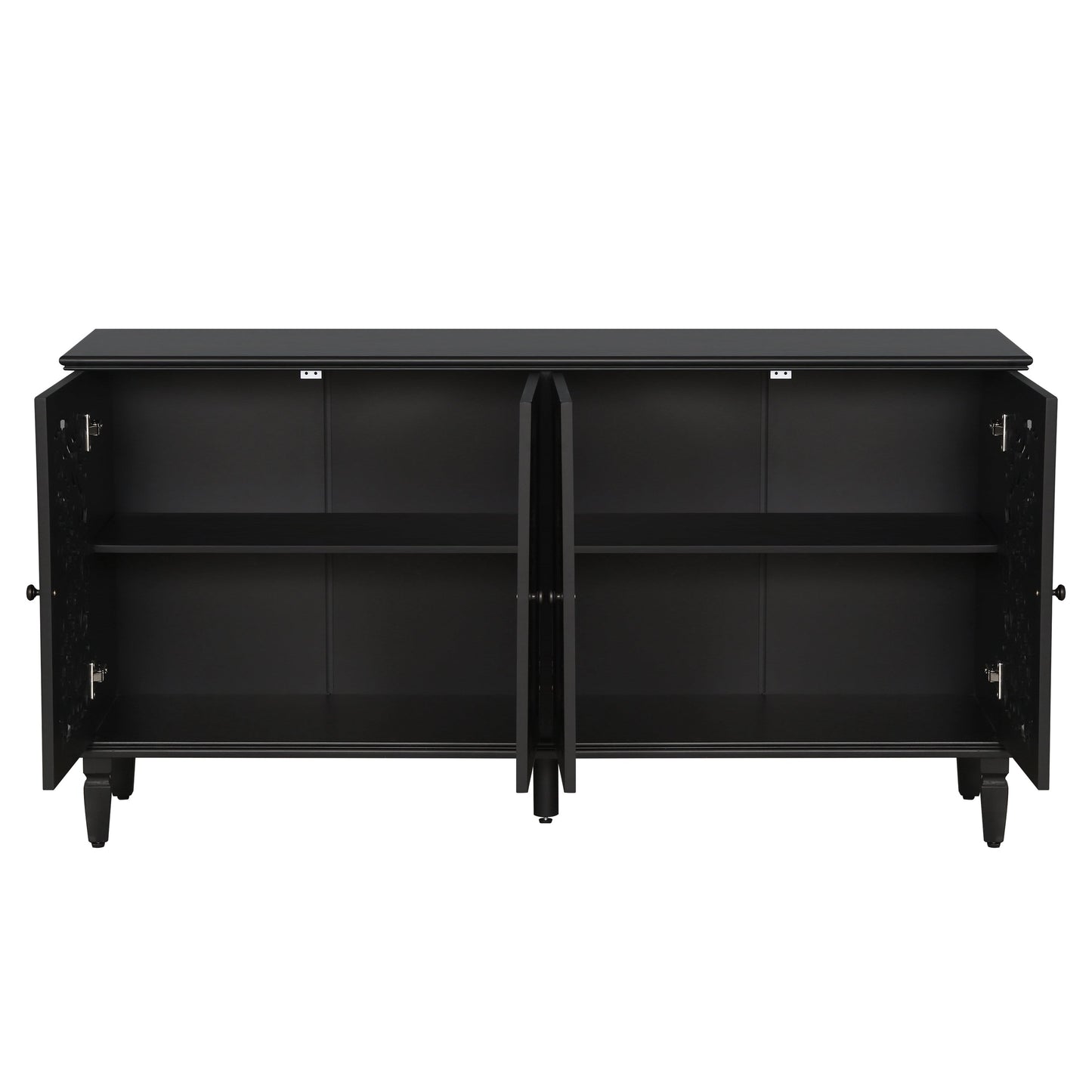 60-inch black antique buffet cabinet with dual doors open to interior shelves on Tampa Home & Garden Store