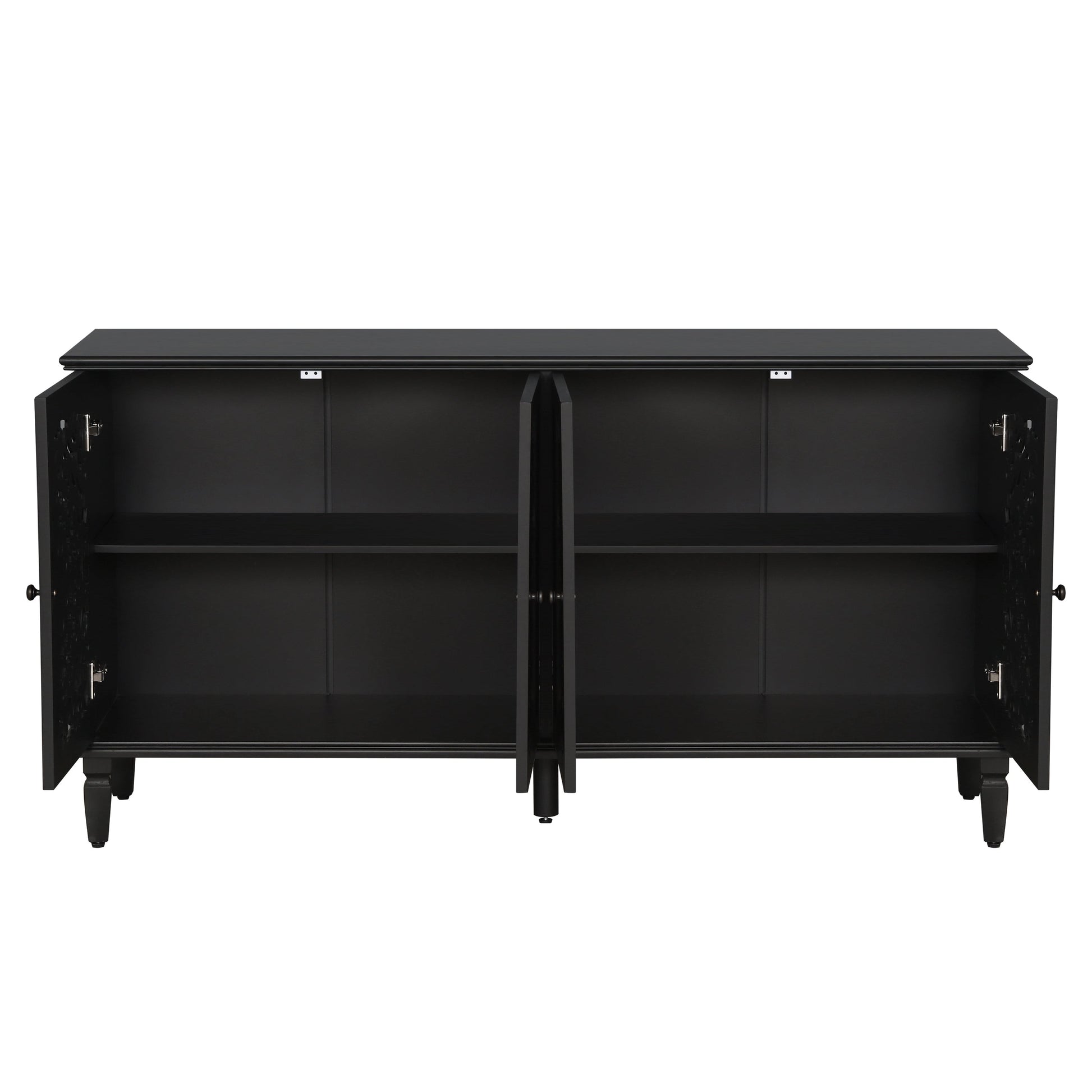 60-inch black antique buffet cabinet with dual doors open to interior shelves on Tampa Home & Garden Store