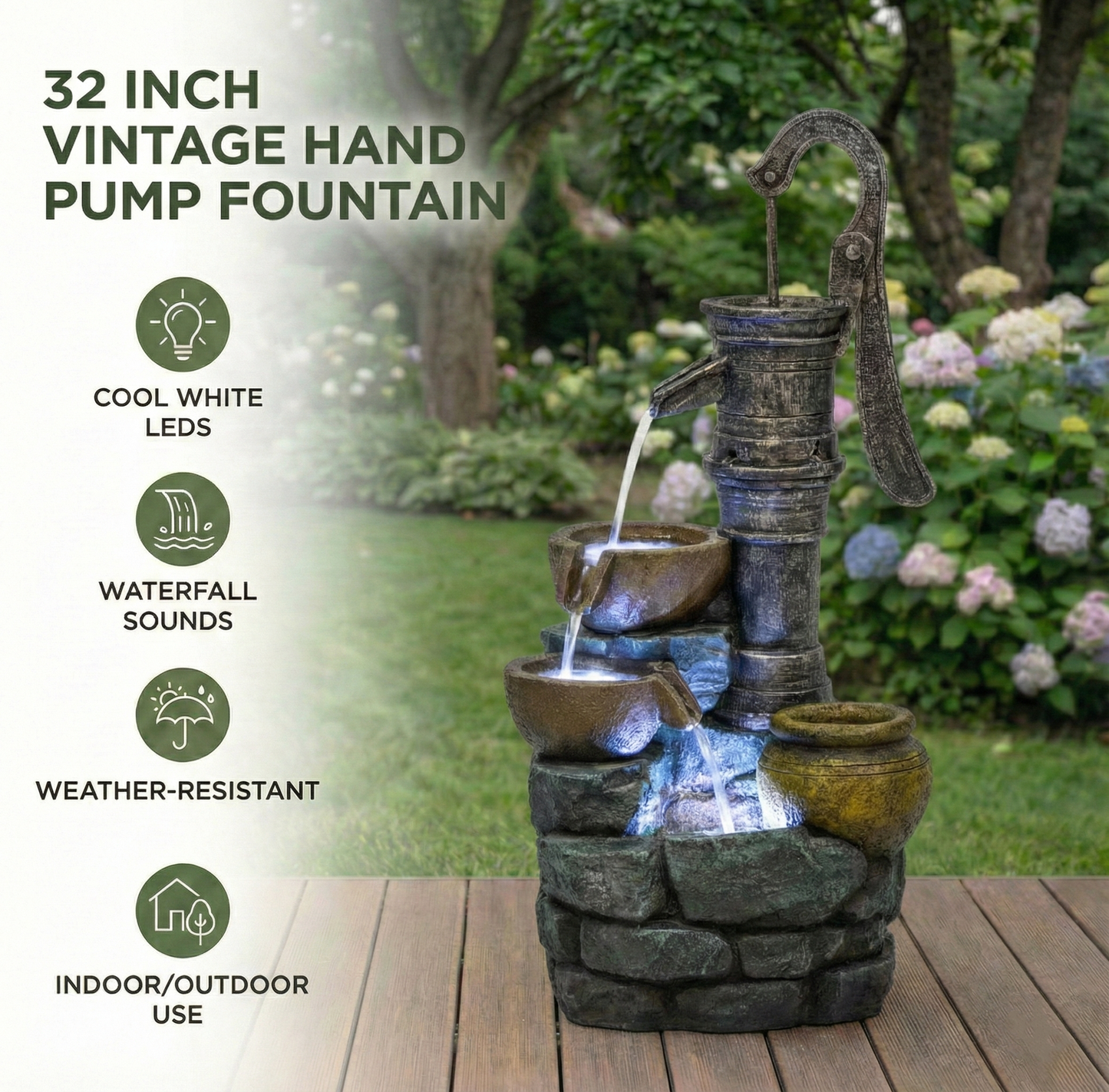 HouseOfZazla 32-inch vintage hand-pump outdoor fountain in weathered metal with flowing water on Tampa Home & Garden Store