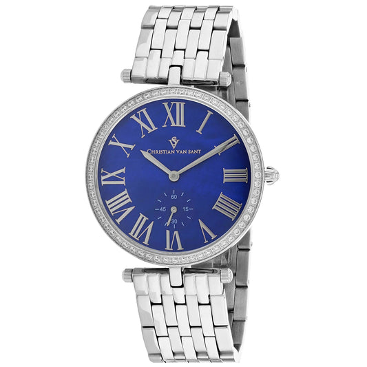 Christian Van Sant women's watch with blue dial, diamond bezel, stainless steel bracelet on Tampa Home & Garden Store