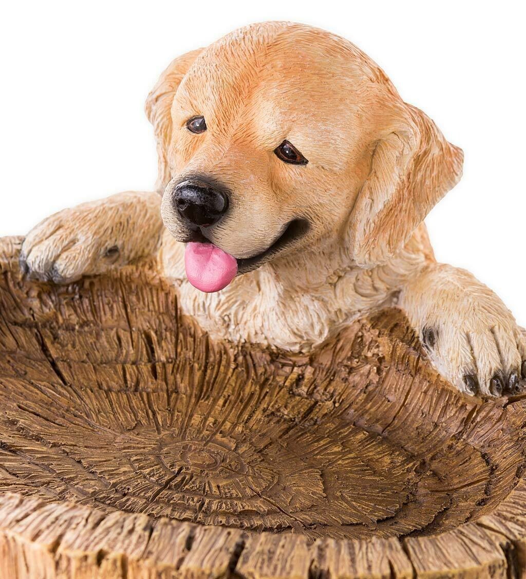 Resin garden ornament tan puppy perched on a textured log base on Tampa Home & Garden Store