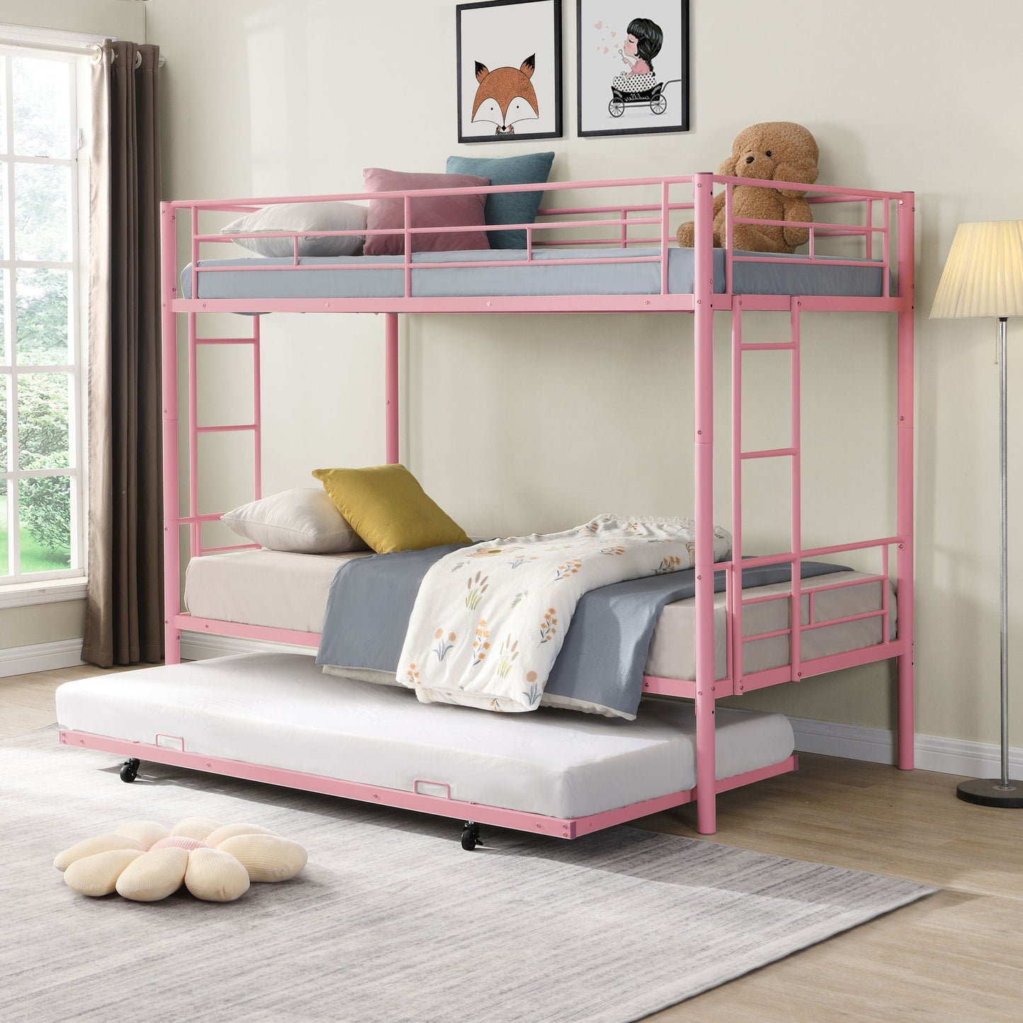 Modern Metal Frame Bunk Bed With Trundle
