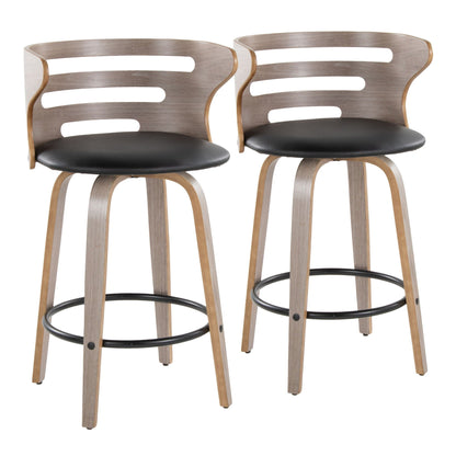 Two mid-century barstools with swivel and beige wood frames, black cushioned seats on Tampa Home & Garden Store
