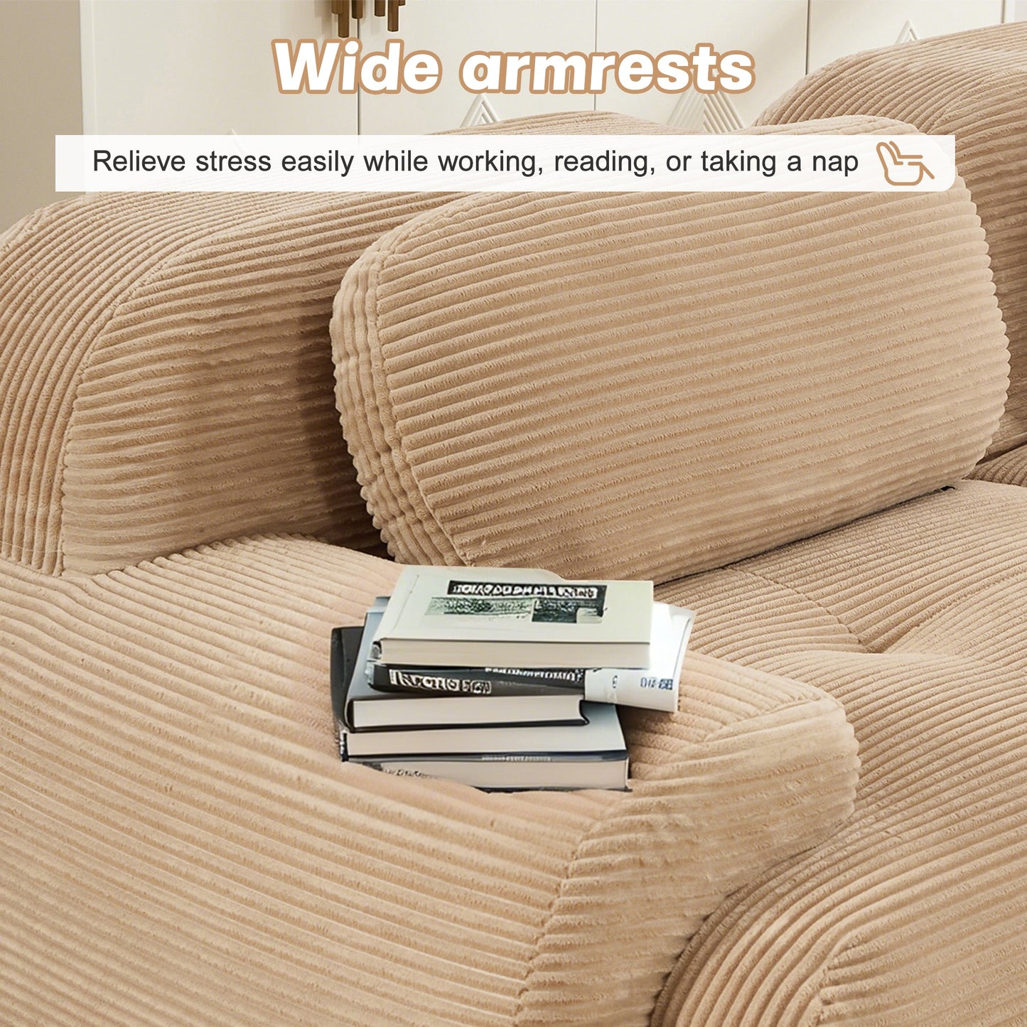 Three-seat modular sofa with 3 ottomans in camel corduroy fabric on Tampa Home & Garden Store