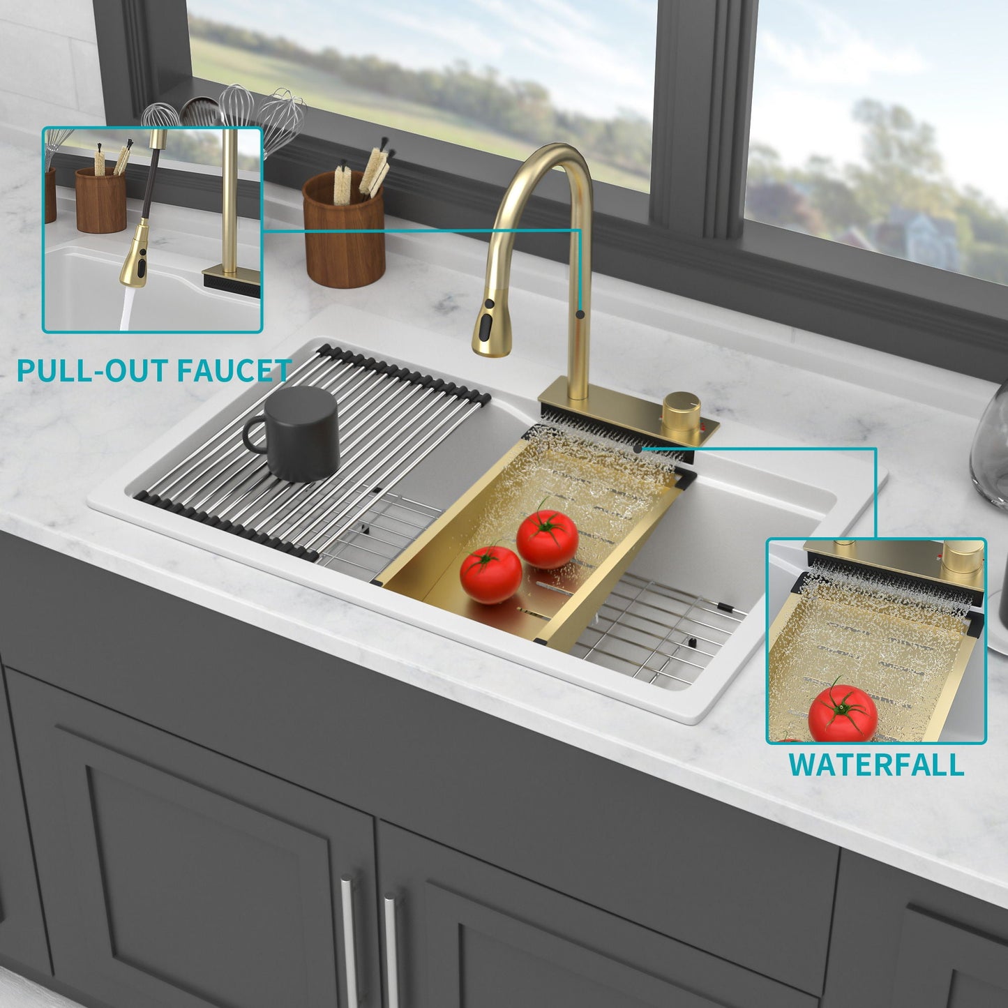 Brushed Waterfall Sink with Faucet and Cup Washer