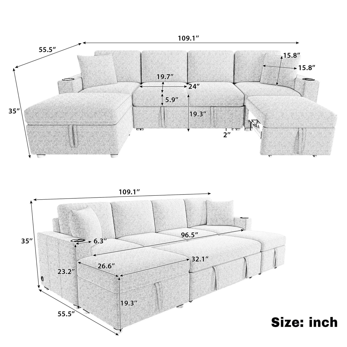 Sectional sofa set 2-piece by Unique Piece Furniture with storage ottoman and USB ports on Tampa Home & Garden Store